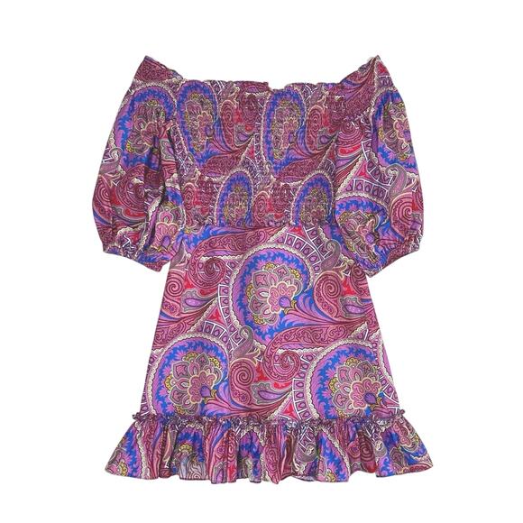 Alexis Alona Off the Shoulder Paisley Mini Dress Smocked Puff Sleeve Purple - Picture 3 of 7